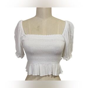 Forever 21 Women's Small White Smocked Puff Sleeves ruffled hem Crop Top